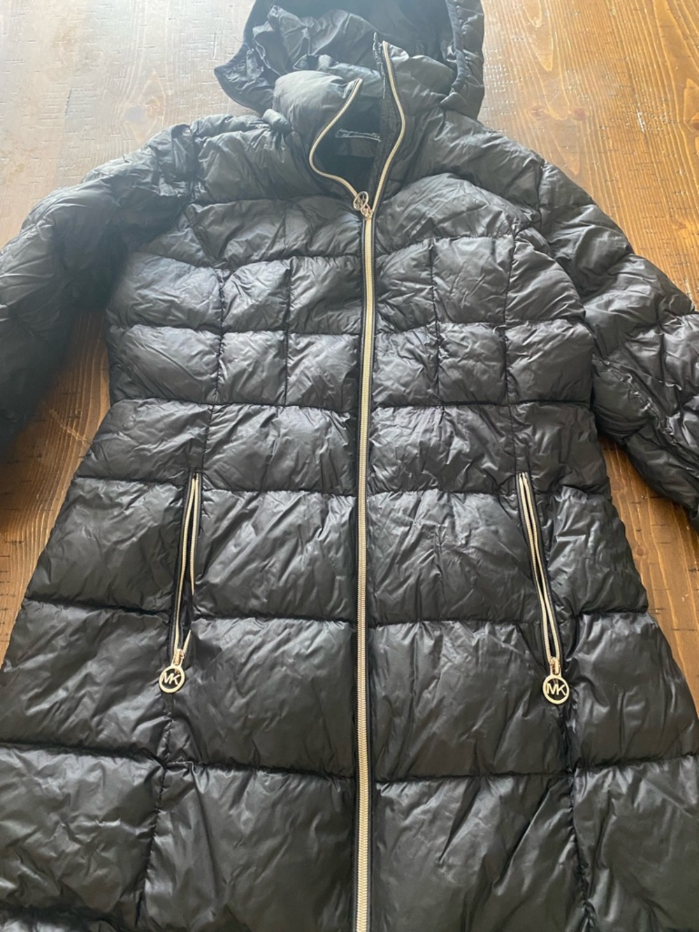 Michael Kors Black Quilted Hooded Puffer Jacket with MK Zipper Pulls